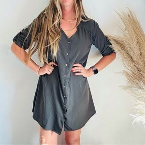 UNDER SKIES Forest Green Tab Half Sleeve Button Down $108 Mini Shirt Dress L